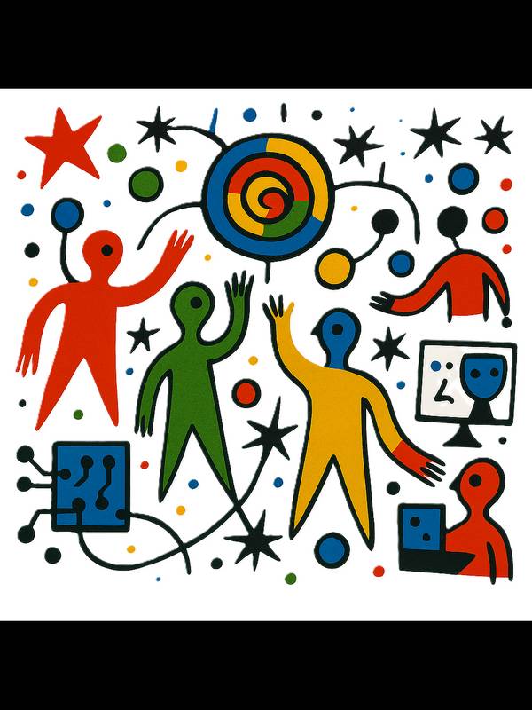 Una ilustración colorida que representa a varias figuras humanas interaccionando en un entorno abstracto.