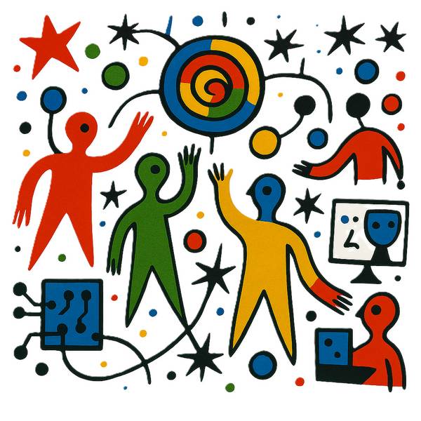 La imagen muestra figuras abstractas de colores llamativos interaccionando en un fondo lleno de patrones y estrellas.