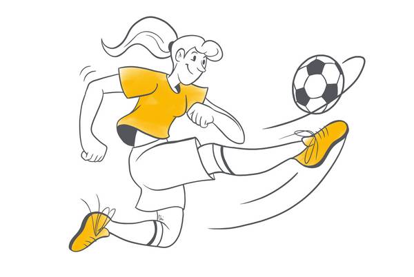 A cartoon drawing of a woman kicking a soccer ball forcefully.