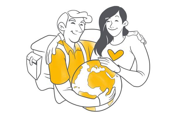 Illustration of a smiling man and woman holding a globe together, both wearing shirts with heart symbols.