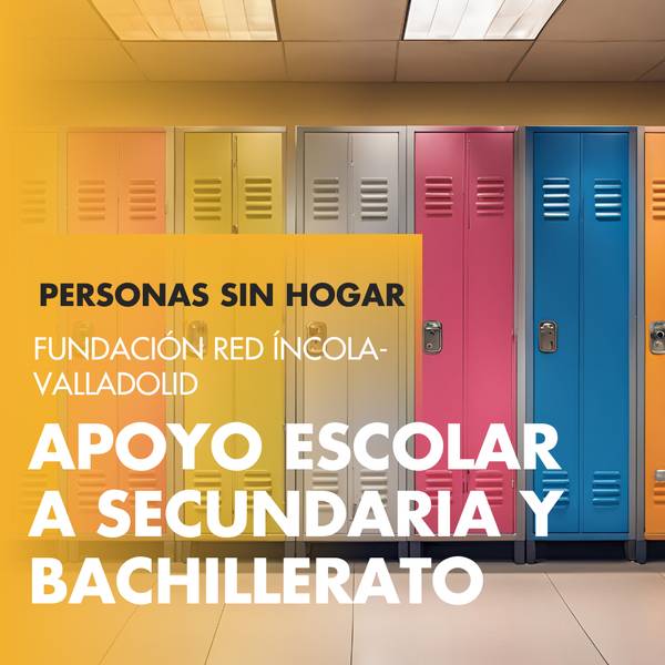 Imagen que muestra taquillas de escuela acompañada de un mensaje sobre apoyo escolar para personas sin hogar.