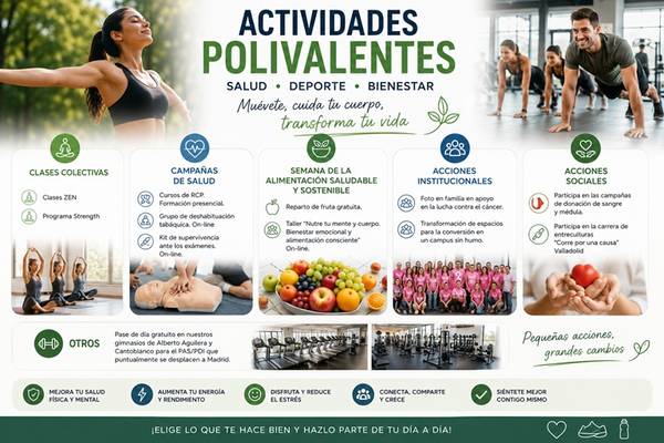 Un cartel informativo sobre actividades polivalentes relacionadas con salud, deporte y bienestar.