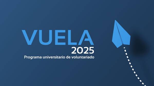 Imagen promocional en tono azul con un avión de papel y el texto 'VUELA 2025, Programa universitario de voluntariado'.