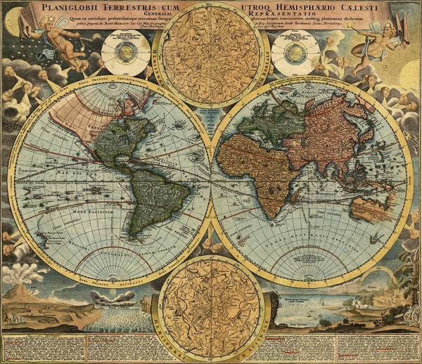 Mapa antiguo del mundo con representaciones de los continentes en hemisferios.