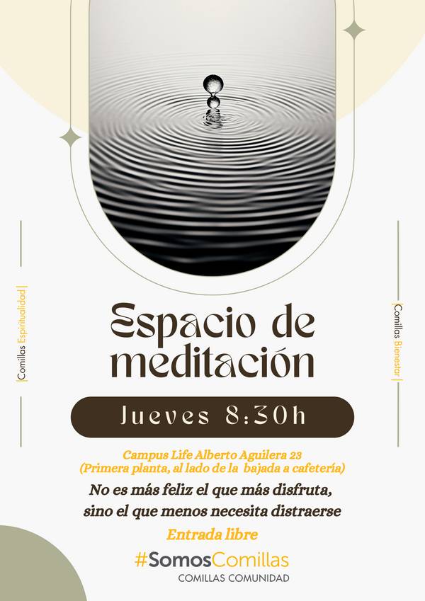 Cartel promocional de un evento de meditación en el campus Life Alberto Aguilera 29, mostrando un entorno sereno con suelo de arena y una campana.