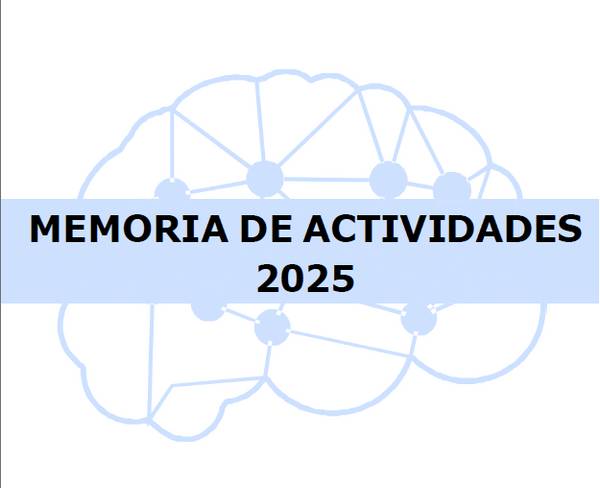 Portada de una memoria de actividades para el año 2025 con un diseño que incluye un gráfico de conexiones neuronales.