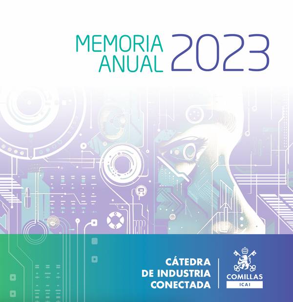 Graphic cover of an annual report titled 'Memoria Anual 2023' for the 'Cátedra de Industria Conectada' featuring abstract technological and digital motifs.