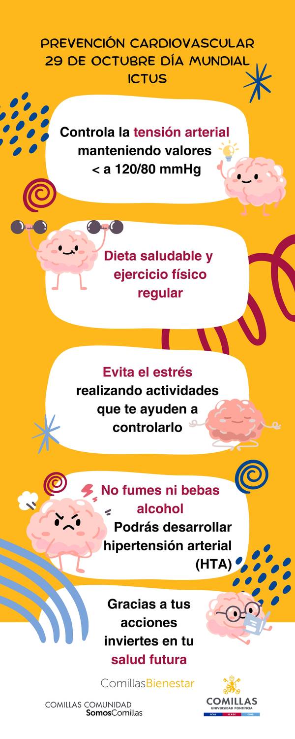 El cartel informa sobre la prevención del ictus con consejos para cuidar la salud cardiovascular.