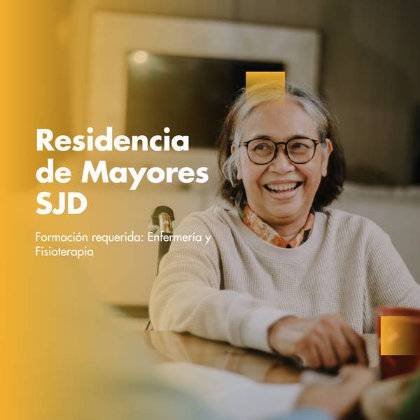 An elderly woman smiling in a promotional poster for a senior residence with a focus on nursing and physiotherapy training.