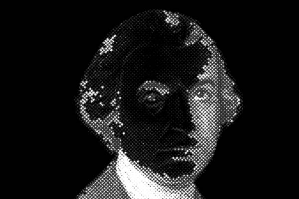 Retrato artístico en escala de grises de un hombre con cabello rizado y expresión seria.