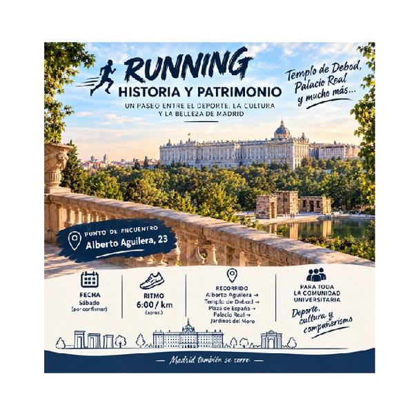 Imagen promocional de un evento de running que destaca la combinación de deporte y patrimonio cultural en Madrid.