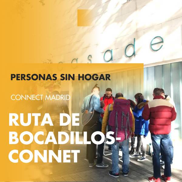 La imagen muestra a un grupo de personas en la entrada de un establecimiento promoviendo ayuda a personas sin hogar en Madrid.