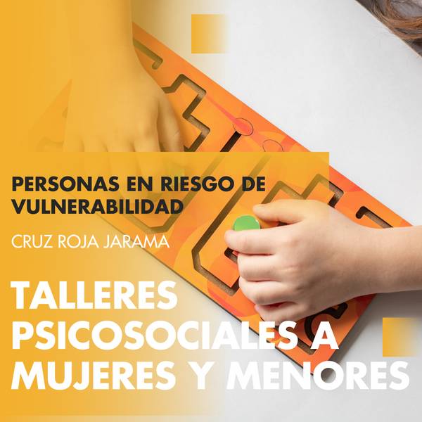 La imagen muestra una mano interactuando con un tablero de juego, en un contexto de talleres psicosociales promovidos por Cruz Roja Jarama.