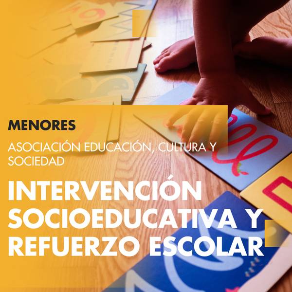 La imagen muestra materiales educativos sobre intervención socioeducativa y refuerzo escolar para menores.