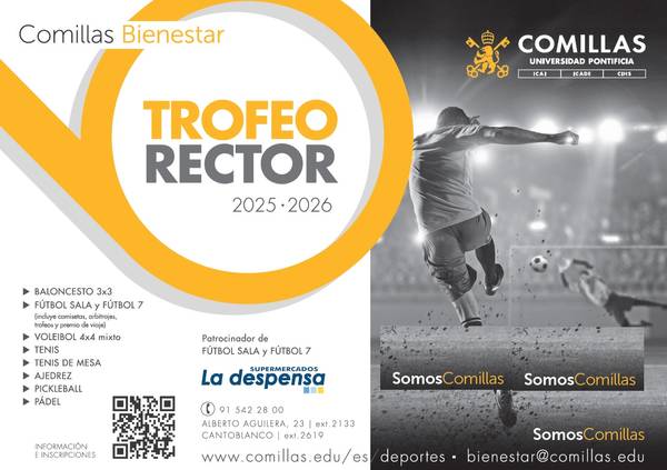 Un cartel informativo sobre el Trofeo Rector 2025-2026 de la Universidad Pontificia Comillas con diversas actividades deportivas.
