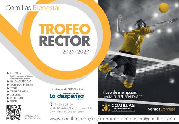 Cartel informativo sobre el Trofeo Rector 2026-2027, que incluye actividades deportivas y detalles de inscripción.
