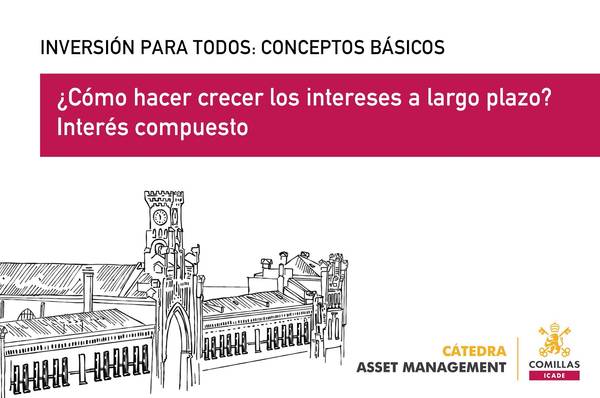Educational banner explaining basic investment concepts, specifically focusing on how to grow long-term interests using compound interest, with a background graphic of a classic building façade.