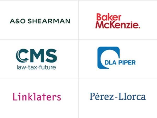La imagen muestra logotipos de varias firmas legales reconocidas.