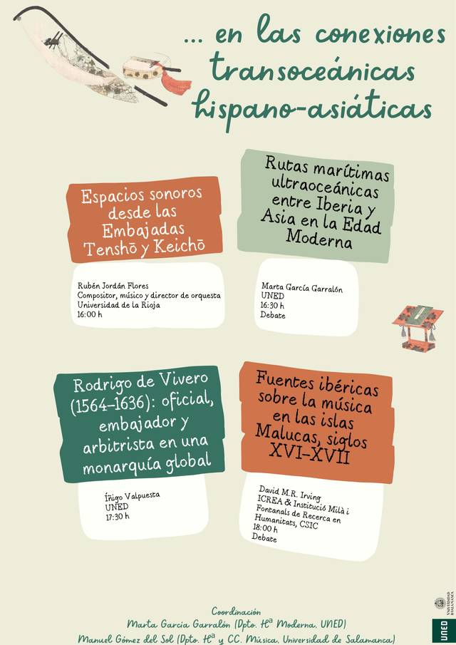 Cartel informativo sobre un evento académico relacionado con las conexiones transoceánicas hispano-asiáticas, mostrando diversos temas y ponentes.