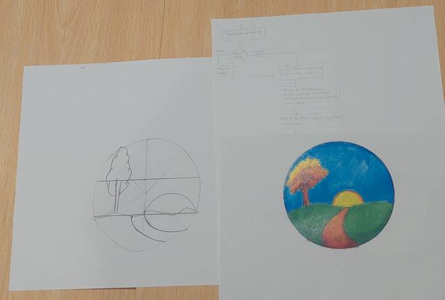 The image shows three different sketches on paper, one with geometric divisions, another with a colorful landscape drawing, and a third with some descriptive text and diagrams.