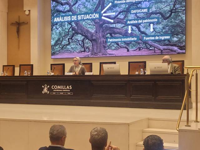 Una presentación en una sala con un árbol grande proyectado en la pantalla y dos personas sentadas en un estrado.