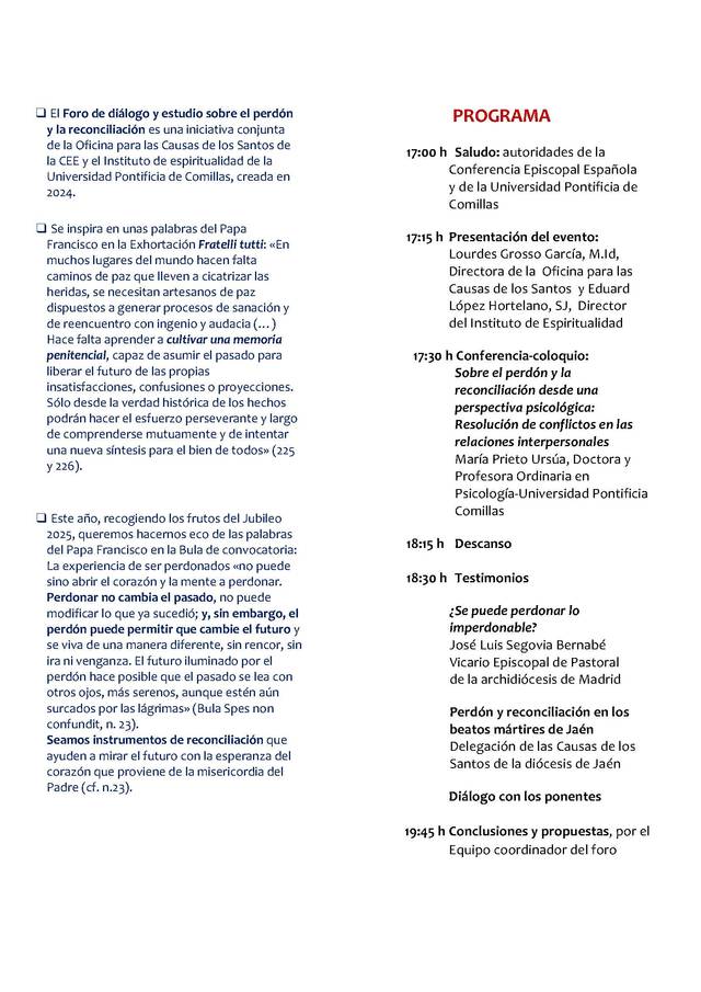 Programa de un foro sobre el perdón y la reconciliación en la Universidad Pontificia de Comillas.