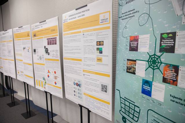 La imagen muestra una serie de carteles informativos exhibidos en un evento o conferencia.