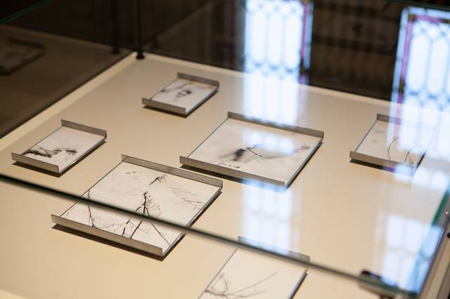 La imagen muestra varias bandejas de diseño minimalista, con un acabado en mármol blanco y líneas elegantes, exhibidas en una vitrina.