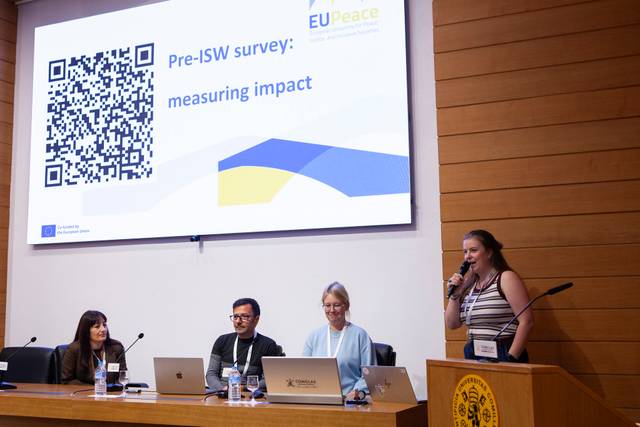 Un grupo de presentadores en un evento muestran una diapositiva con un código QR y el título de una encuesta sobre medir el impacto.
