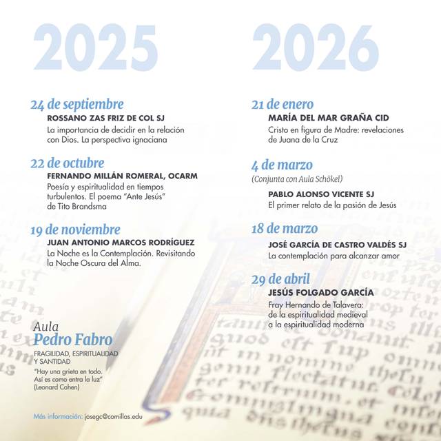 Una imagen que muestra un calendario con eventos programados para los años 2025 y 2026 en el Aula Pedro Fabro.
