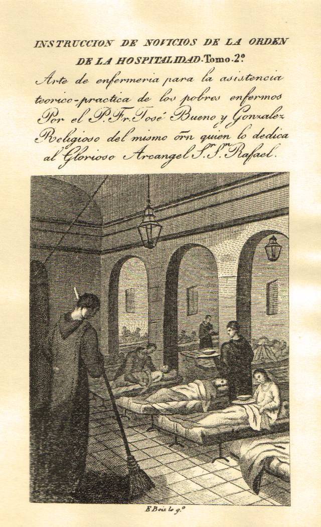 Ilustración antigua de un hospital con una enfermera y pacientes en camas.