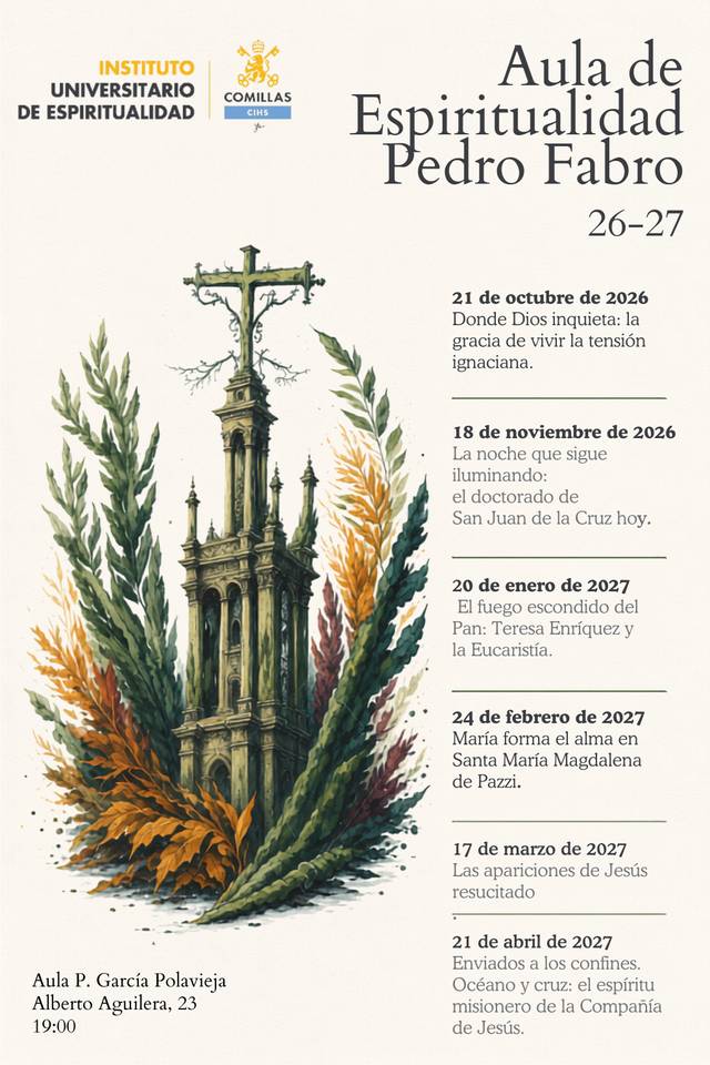 Cartel informativo del Aula de Espiritualidad Pedro Fabro con fechas y eventos programados.