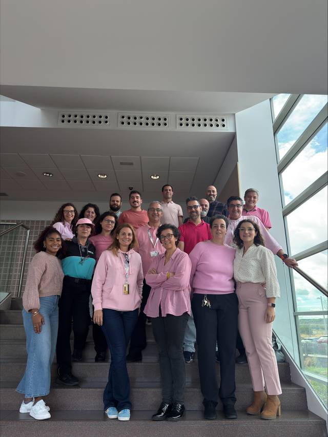 Grupo de personas posando en una escalera interior con ropa rosa.