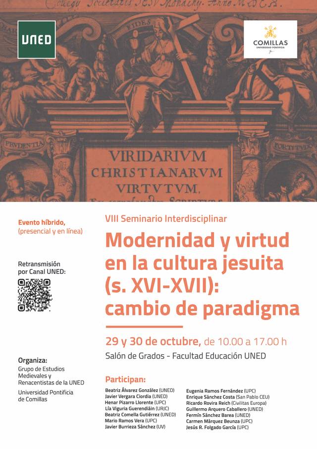 A promotional poster for the VIII Interdisciplinary Seminar discussing virtue and modernity in Jesuit culture during the 16th and 17th centuries, hosted by UNED and Comillas University.