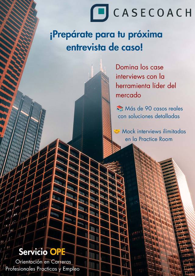 La imagen promociona un servicio de preparación para entrevistas de caso en un entorno urbano moderno.