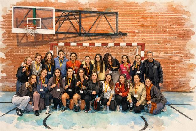 Un grupo de mujeres sonrientes posando con medallas en un gimnasio.