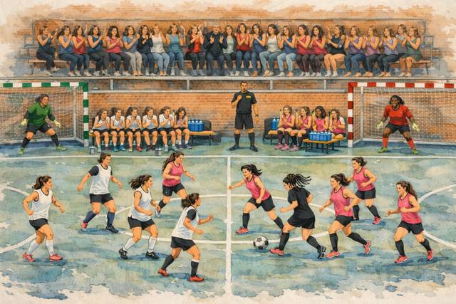 Una escena de un partido de fútbol femenino con jugadoras en acción y público animando en las gradas.