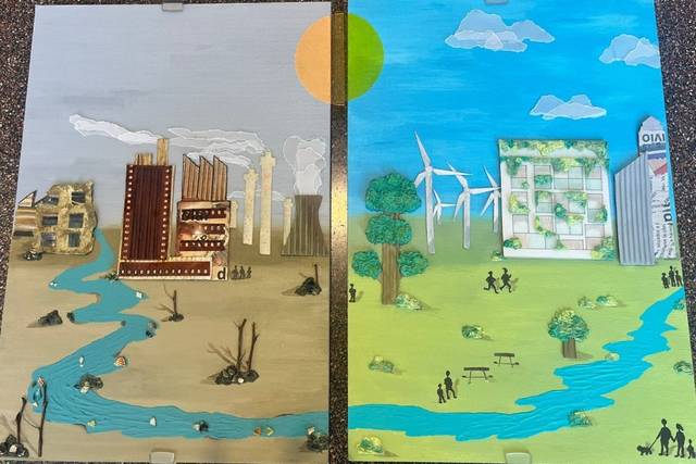 La imagen muestra un contraste visual entre un paisaje urbano contaminado y una representación de un entorno natural sostenible.