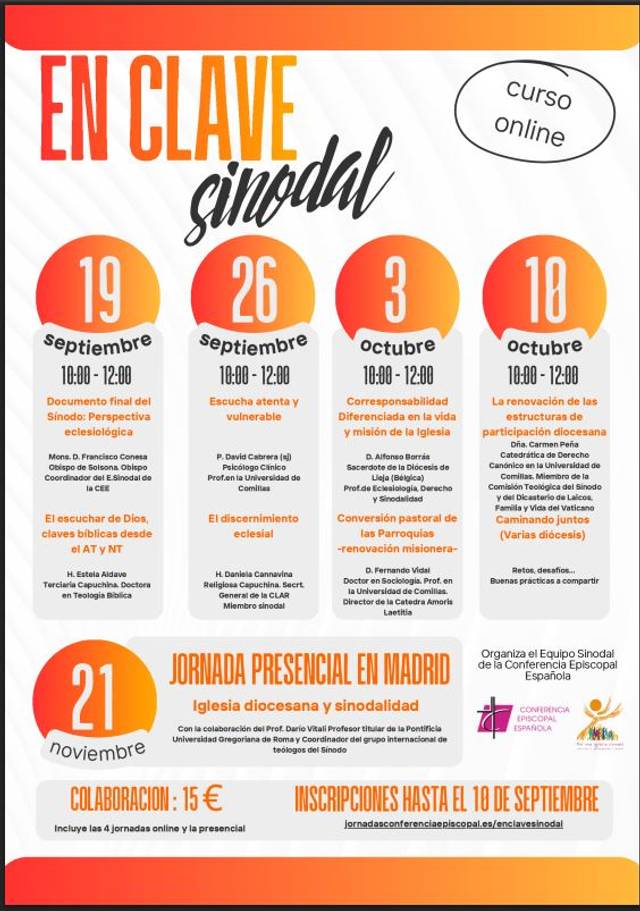 Cartel informativo sobre un curso online titulado 'En clave sinodal', con fechas y detalles de inscripción.