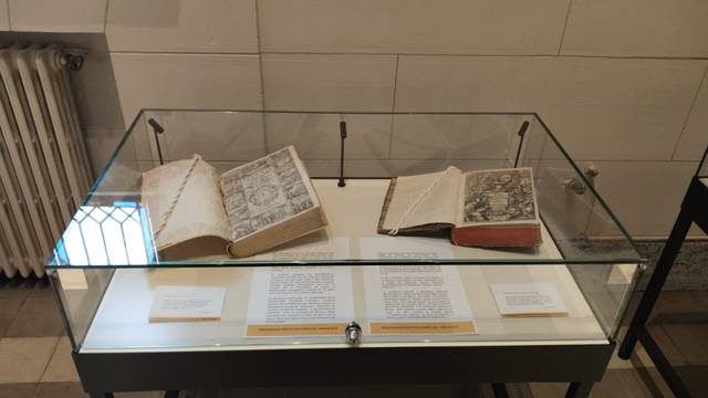 Una vitrina muestra varios libros antiguos con ilustraciones, expuestos en un museo.