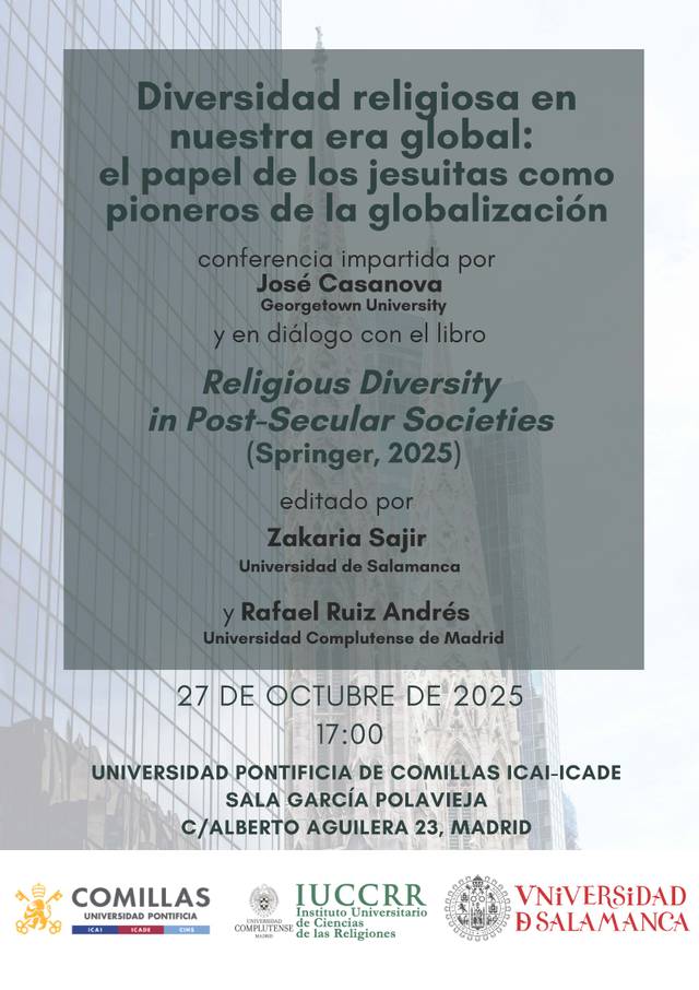 Cartel de una conferencia sobre diversidad religiosa en nuestra era global, destacando la participación de José Casanova y el libro 'Religious Diversity in Post-Secular Societies'.