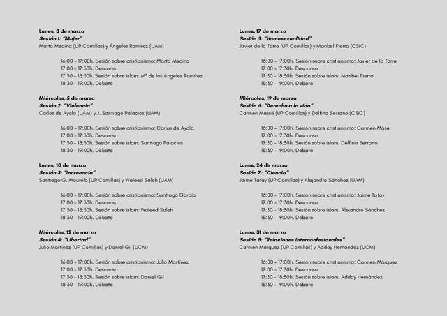 La imagen muestra un programa de actividades con esquema de fechas y horarios para diversos seminarios y debates.