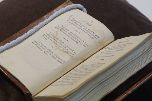 Un libro antiguo con páginas amarillentas abierto sobre una superficie suave.