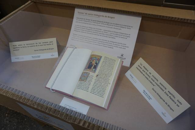 Una exhibición que muestra un libro antiguo abierto y varias tarjetas informativas alrededor.