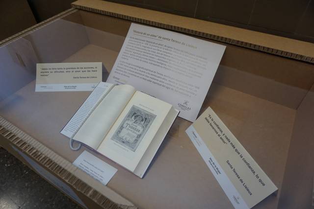 La imagen muestra un libro abierto sobre una mesa junto a varias descripciones en carteles.