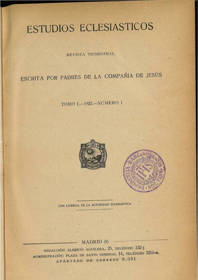 Portada de la revista 'Estudios Eclesiásticos' de 1922, editada por la Compañía de Jesús.