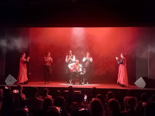 Un grupo de artistas flamencos actúan en un escenario iluminado con un fondo rojo mientras el guitarrista toca su instrumento.