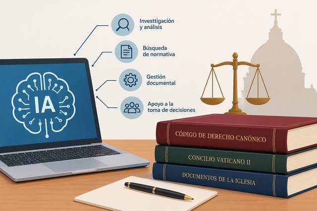 La imagen muestra una computadora portátil con un ícono relacionado con la inteligencia artificial junto a libros jurídicos y una balanza.