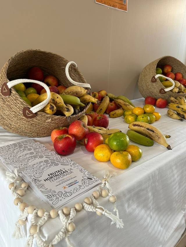 Una mesa decorada con canastas de frutas variadas como plátanos, manzanas y cítricos, junto a un folleto sobre frutas.