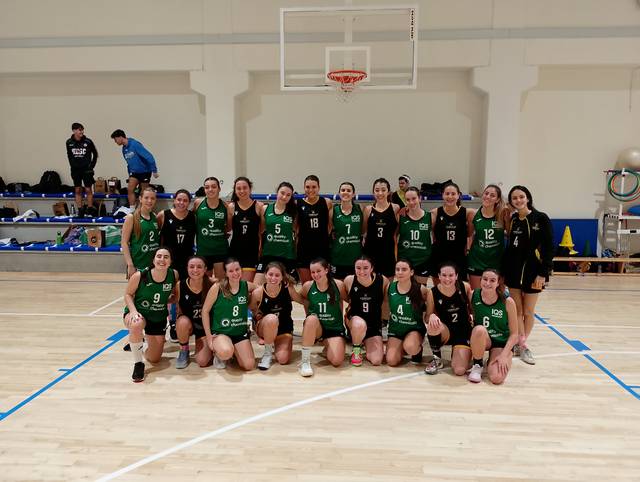 Grupo de jugadoras de baloncesto posando en un gimnasio.